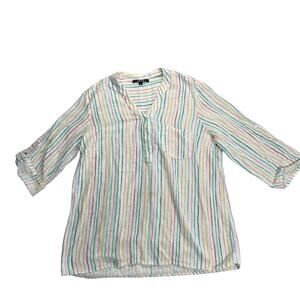 Charlie B 100% Cotton L Stripe Tunic Top Colorful Gauze Coastal Cottage Resort